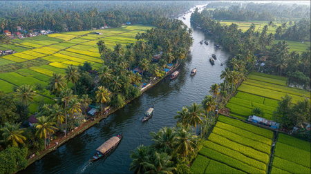 An aerial perspective showcases a river meandering through vibrant green rice fields and clusters of palm trees. The composition features a diagonal flow, enhancing the visual dynamics. The lighting suggests a daytime environment, creating a sense of openness. Suitable for various commercial projects, including travel and environmental themes.の素材