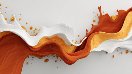 An artistic rendering portrays a dynamic flow of color with white, orange, and gold hues. The image displays a fluid splash effect against a clean white backdrop, exhibiting smooth curves. This composition offers various uses in design, suitable for backgrounds, or illustrating concepts.の素材