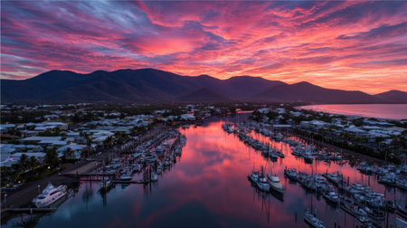 An aerial perspective captures a harbor scene during a vibrant sunset. The sky displays vivid hues of pink and purple, reflecting in the water and boats. The composition features a town and mountains. This image could be utilized in various editorial and commercial contexts.の素材