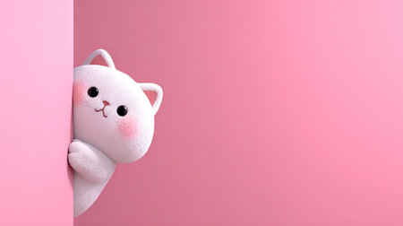 A cartoon cat with a white body and rosy cheeks peeks out from behind a pink wall. The image displays a smooth, glossy texture with a soft lighting. This illustration could be used in children's books, educational materials, or for decorative purposes. It offers ample copy space.の素材