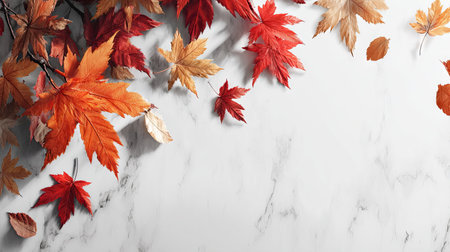 A collection of vibrant maple leaves in various autumn colors decorates a white marble surface. The arrangement, seen from above, showcases diverse textures and shades of red, orange, and yellow, contrasting with the bright background. Ideal for visual projects, the image provides a seasonal visual that can be used in multiple commercial contexts.の素材