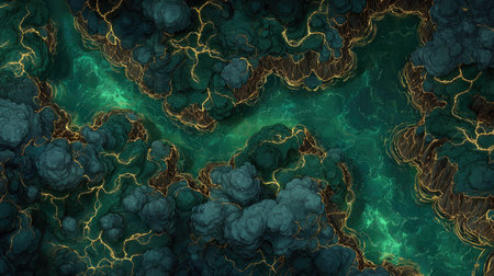An overhead view presents a river of emerald green, accented by gold veins. The artwork features swirling patterns resembling clouds or land masses. This illustration displays a unique texture, with soft lighting creating depth. Suitable for various creative projects, this design is ideal for both commercial and editorial purposes.の素材