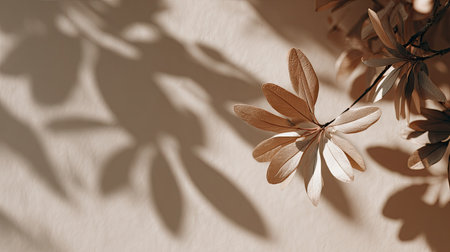 A close-up captures delicate floral elements with subtle shades of brown and beige. The composition highlights the interplay of light and shadow on a textured surface. This artistic image presents a natural aesthetic suitable for various creative projects, including design and marketing materials, providing copy space.の素材