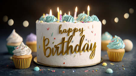 A decorated birthday cake is the focal point, surrounded by cupcakes. The cake is white with blue frosting and lit candles. Warm lighting illuminates the scene. The image might be useful for celebrating an anniversary. It conveys a festive mood.の素材