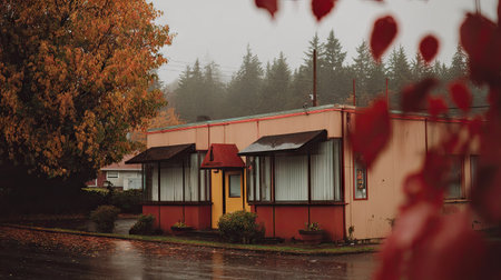 A building stands in an outdoor scene, framed by autumn foliage. The composition features a mix of warm and muted colors, with red accents on the structure. An overcast sky provides soft lighting over the scene. This image could be used for various editorial and commercial projects.の素材