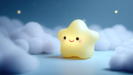 A cartoon star figure with a cheerful expression is featured in this image, surrounded by soft, fluffy clouds. The scene employs a soft, pastel color palette, suggesting a peaceful, nighttime environment. The composition and lighting could be suitable for children's products, educational materials, or general creative projects.の素材