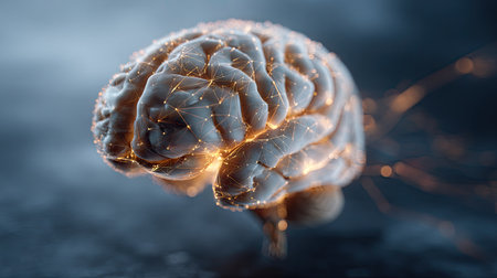 An artistic rendering showcases a human brain, highlighted with glowing lines suggesting neural pathways. The composition features a soft, textured appearance with warm, golden hues contrasting against a cool, blue-gray background. This image could be used in various commercial and editorial applications related to science or technology.の素材