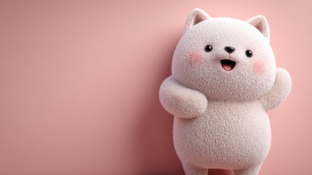 A cute cartoon character with a happy expression is positioned against a soft pink background. The character has white fur, rosy cheeks and a friendly smile. The composition offers copy space, suitable for a range of applications including advertisements or children's content.の素材