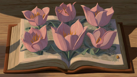 A digitally illustrated composition features six pink tulips emerging from the pages of an open book. The artwork employs soft lighting and a warm color palette with attention to detail. The scene is set on a wooden surface, suggesting an indoor setting, suitable for educational or decorative uses. The style is artistic and suitable for various editorial applications.の素材