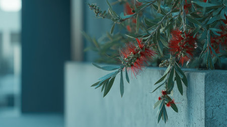 A close-up shows a plant with vibrant red blossoms and green leaves. The image displays a shallow depth of field, with focus on the flowers. The scene suggests an outdoor setting, possibly near a concrete structure. This image could be used for various commercial and editorial purposes.の素材
