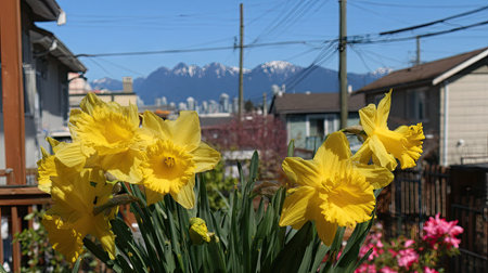 Vibrant yellow daffodils are prominently displayed in this outdoor scene. The close-up shot reveals details of the flowers' textures and shapes against a backdrop of houses, trees, and distant mountains. The composition is well-lit, suggesting a sunny day, suitable for various visual applications.の素材