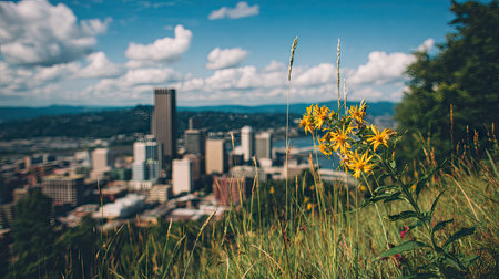 The image presents a cityscape with a natural foreground. Yellow wildflowers and green grass are in sharp focus, contrasting with the blurred urban skyline and blue sky dotted with clouds. This photograph evokes a sense of nature meeting urban life. Suitable for illustrating concepts of environment, and travel.の素材