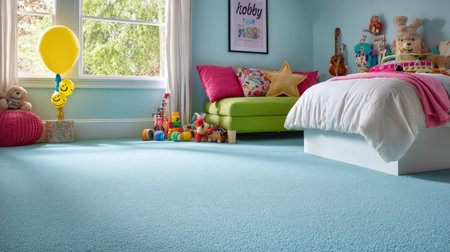 A vibrant children's bedroom interior is displayed, featuring a bed and a sofa with colorful cushions and a window. The room is filled with toys, with a yellow balloon. Soft lighting illuminates the scene, creating a playful ambiance. Suitable for various design and lifestyle publications or advertising campaigns.の素材