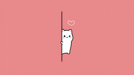 A white cartoon cat peeks from behind a black vertical line against a pastel pink backdrop. The illustration features minimalist style with clean lines and a single heart symbol floating above. The composition suggests a playful and inviting design for various commercial uses such as greeting cards or website elements.の素材