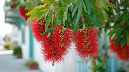 Vibrant red bottlebrush flowers cascade from branches, contrasted by green leaves. The composition features a shallow depth of field with a soft focus background. The bright, saturated colors suggest a daytime setting, suitable for various commercial applications such as stock photography and website design.の素材