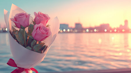 A bouquet of three pink roses wrapped in white paper is held up near the water. The composition focuses on the flowers, with a blurred backdrop of water, city lights, and a gradient sky. The image has a soft, romantic aesthetic with warm lighting and would be suitable for various commercial or editorial purposes.の素材