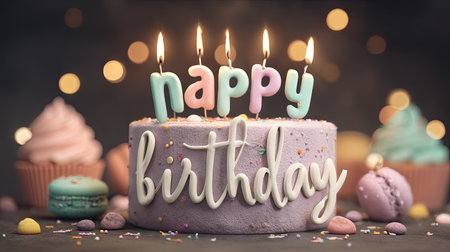 A birthday cake is the focal point, featuring lit candles that spell "Happy Birthday." The scene includes decorated cupcakes and macarons, with soft lighting and a blurred background suggesting a festive occasion. The image's visual style could be suitable for greeting cards or celebratory media.の素材