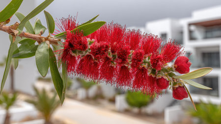 A close-up showcases a striking red bottlebrush flower, its feathery structure detailed. Green leaves frame the bloom, creating a natural contrast. The composition, captured with shallow depth of field, highlights the floral subject. Potential applications include editorial uses for nature or botany, or commercial purposes for design.の素材