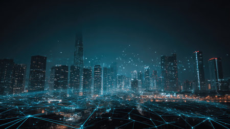 A nighttime cityscape presents towering skyscrapers under a dark sky, enhanced by a digital network overlay. The composition features blue and white lights, creating a futuristic ambiance. The photograph may serve diverse purposes, including illustrating technology, urban development, or digital connectivity.の素材