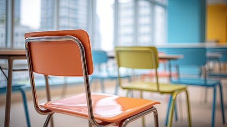 A selective focus reveals multiple colorful chairs arranged in an indoor setting. The chairs, featuring shades of orange, green, and blue, are positioned near a window, offering a glimpse of the outside environment. The scene uses natural light, with potential applications for educational, office, or design-related projects.の素材
