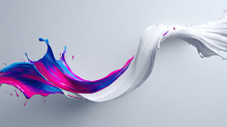An abstract composition features vibrant paint splashes of blue, pink, and white against a pale background. The dynamic curves and flowing forms create a sense of movement. The style emphasizes clean lines and bold color contrast. This image suits various commercial uses, including design projects and marketing materials.の素材
