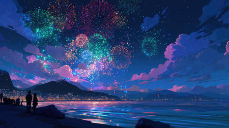 An illustration portrays a vibrant fireworks display over water. The night scene is dominated by deep blues and purples. Silhouetted figures stand along the shoreline. The visual elements suggest potential use in decorative projects or creative editorial content. The composition includes a vast sky and reflections.の素材