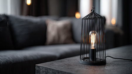 An artistic lamp, resembling a birdcage, sits on a gray table in a domestic setting. The bulb within glows, casting a warm light against the dark metal. Soft, neutral colors of the room's furnishings, including a sofa and cushions, create a comfortable ambiance. This image suits various design, lifestyle, or decorative purposes.の素材