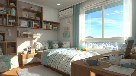 A bright bedroom interior featuring a bed with pillows and a desk. The scene is illuminated by natural sunlight from a large window, casting shadows. Neutral colors and soft textures create a relaxing atmosphere. Suitable for use in advertising, editorial content, or website design.の素材
