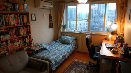 This interior scene features a bedroom with a bed, bookshelf, desk, and a window overlooking a cityscape. The composition highlights a blend of natural and artificial lighting, creating a warm atmosphere. The textures include wood, fabric, and glass. This image could be used for various commercial and editorial purposes.の素材