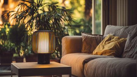 A warm interior scene features a lit lamp on a table in front of a sofa. The shot is bathed in golden sunlight, suggesting either sunrise or sunset. The blurred background includes house plants, giving the impression of a comfortable living space. This image could be useful for home decor or lifestyle content.の素材