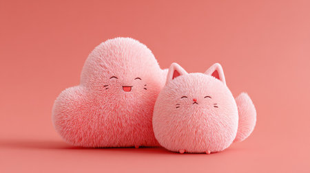 Two charming cartoon characters, a cloud and a cat, are presented against a soft pink backdrop. The plush figures boast a fuzzy texture and delicate features, appearing friendly and inviting. The minimalistic design suggests a cheerful atmosphere, suitable for various applications including illustration and design projects.の素材