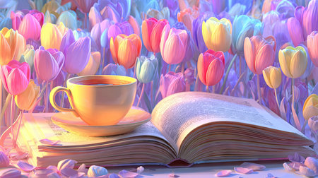 A cup of tea rests on a book amidst vibrant tulips, painted in pastel shades. The artistic composition showcases a serene environment with soft lighting and delicate textures. This image could be used for editorial and commercial purposes, offering a visual representation of tranquility and leisure.の素材