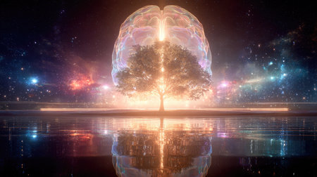 An artistic rendering showcases a glowing brain against a backdrop of cosmic elements. Its transparent form reveals a tree-like structure within, suggesting growth and ideas. The image employs vibrant colors and a reflective surface, possibly conveying themes of knowledge and imagination suitable for diverse applications.の素材