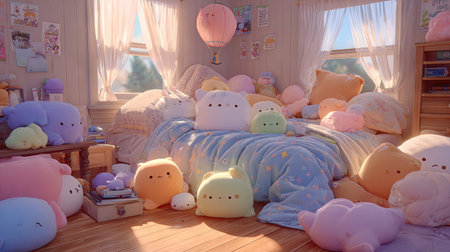 An inviting interior displays a bed surrounded by cute, round plush toys in varying pastel shades. The scene is bathed in natural light filtering through windows, enhancing the soft textures. The overall composition evokes a sense of warmth and comfort, suitable for illustrating themes of relaxation or childhood.の素材