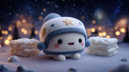 A charming cartoon character with a winter hat and rosy cheeks is situated in a snowy environment. The scene showcases soft lighting and a blurred background, featuring cool tones. This image could be utilized for various commercial purposes, including children's literature or winter-themed projects.の素材