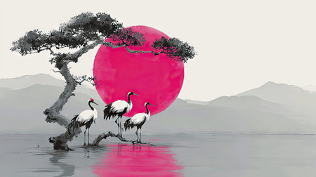 Three cranes stand near a stylized tree against a backdrop featuring a vibrant pink sun and distant mountain ranges. The artwork employs a minimalist approach with a muted color palette, highlighting the birds and the celestial body. It may be suited for decorative prints, editorial illustrations, and various design projects.の素材