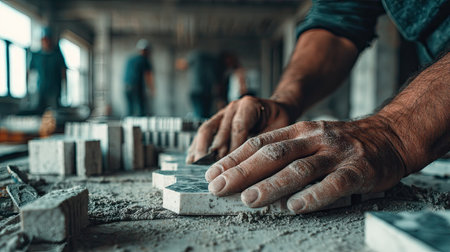 A construction worker's hands meticulously arrange stone tiles on a concrete surface, bathed in interior lighting. The image highlights the texture of the materials and the precision of the task. The composition offers potential use for illustrating construction, craftsmanship, or design concepts.の素材