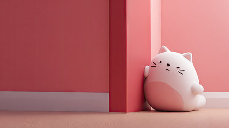 A cartoon cat figure leans against a pink wall in a minimalist interior setting. The illustration presents smooth gradients and soft lighting. The object is white with pink accents, creating a gentle, inviting aesthetic. Suitable for various design projects, digital art, and marketing materials.の素材