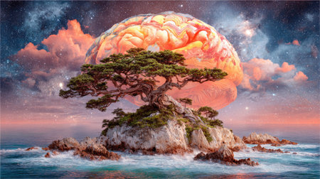A surreal illustration presents a tree on an island against a backdrop of a glowing brain. The scene features soft colors, blending the natural elements with the anatomical. It has a dreamlike quality, suitable for artistic and conceptual purposes. The image has a digital art style, well suited for various creative applications.の素材