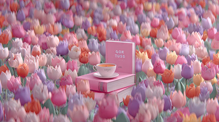 A teacup rests atop a stack of books amid a sea of vibrant flowers. The scene is awash in pastel hues, suggesting a soft, dreamlike aesthetic. The composition emphasizes depth and texture, with soft lighting. Suitable for various projects requiring a touch of calm, serenity, or spring themes.の素材