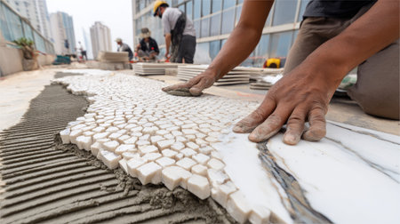 Construction workers are shown installing small mosaic tiles, alongside larger tiles, on a rooftop surface. The composition presents a close-up view of hands applying the material. The lighting is natural, and the image is likely taken during the day. Suitable for commercial projects related to construction and design.の素材