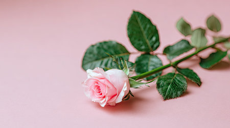 A single pink rose with its green stem and leaves lies against a matching pink backdrop. The composition features a shallow depth of field, with the rose in sharp focus. The lighting appears soft and diffused, highlighting the textures. This image is suitable for various editorial and commercial applications.の素材