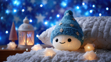An illuminated figure with a smiling face and a knitted blue hat is the focal point. It rests on a soft surface, surrounded by glowing star-shaped lights. A lantern and a small tree add to the composition, all set against a blurred background of stars. Suitable for various projects and commercial use.の素材