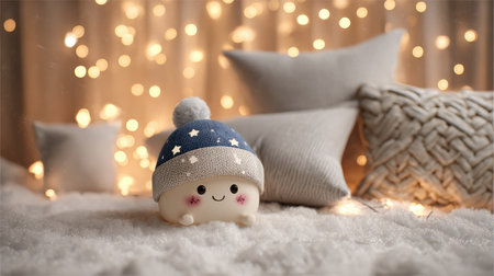 A whimsical plush toy wearing a hat with star patterns is the focal point of this cozy indoor scene. Surrounding the toy are several neutral-toned pillows, with warm, soft lighting from fairy lights in the background. This image is suitable for use in projects related to comfort, childhood, or seasonal themes.の素材