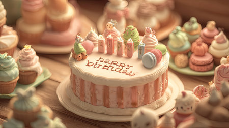 A decorated birthday cake is the centerpiece, surrounded by colorful cupcakes and sweets on a wooden table. The image showcases a soft, blurred background with warm lighting, creating a celebratory atmosphere. Suitable for various commercial uses related to celebrations, baking, and confectionery.の素材