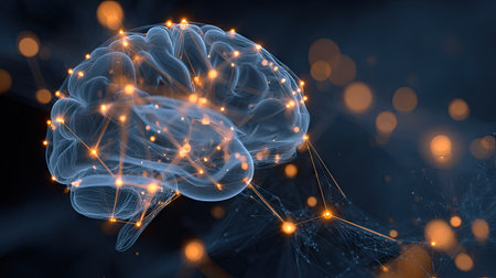 This image presents a digital rendering of a human brain, highlighted with interconnected neurons and bright, floating dots. The brain is depicted in a translucent style, set against a dark backdrop. The composition features blurred, warm-toned light sources. This illustration is suitable for various commercial uses, including educational and scientific presentations.の素材