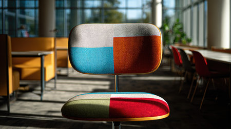 A modern chair with vibrant geometric patterns dominates the foreground. The chair's design features rectangular blocks of color. The interior setting suggests a spacious office or waiting area with natural light illuminating the scene. The image could be used for promotional materials related to design or interior spaces.の素材