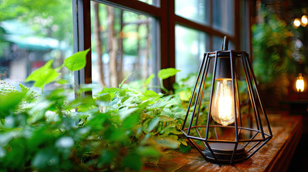 A decorative lamp sits near a window with a lit bulb, casting a warm glow. Green foliage is abundant, suggesting a natural or indoor garden setting. The composition uses a shallow depth of field, focusing on the lamp. This image is suitable for various design or editorial projects that need a touch of ambiance.の素材