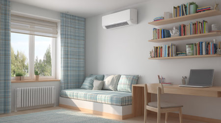 A comfortable interior scene features a sofa, desk, and bookshelves set against a white wall. The room is illuminated by natural light from a window. Decorative curtains and a rug add to the atmosphere. Suitable for illustrating concepts of home design, comfort, and living spaces.の素材