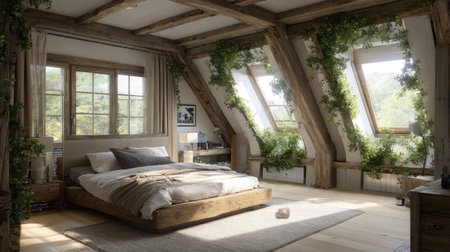 A bedroom interior featuring a bed, windows, and wooden architectural elements. Natural light streams in, illuminating the space and highlighting the plants that decorate the walls. The style suggests comfort, with neutral tones and soft textures. This image could be used for design inspiration or to represent a peaceful living space.の素材